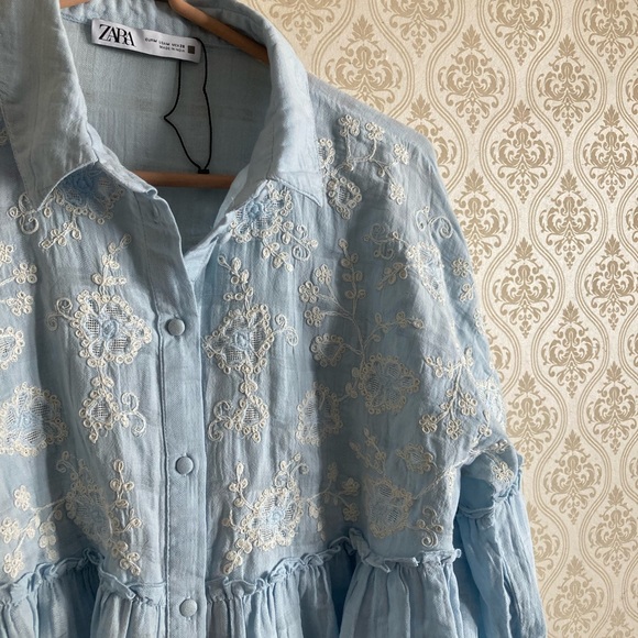 ZARA Sky Blue Gathered Embroidery Top - Picture 2 of 5
